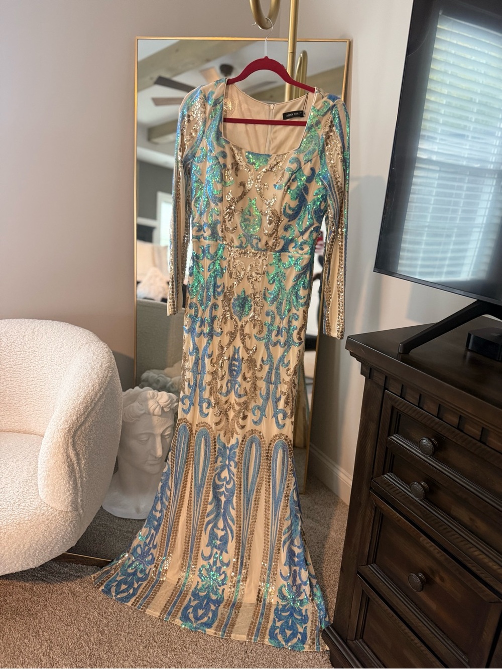 Sequin Embellished Long Sleeve Gown in Champagne and Teal